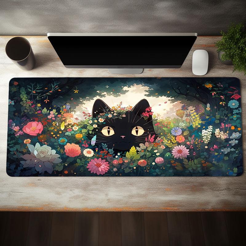 Flower & Black Cat Pattern Mouse Pad, 1 Piece Modern Fashion Mouse Pad, Extended Aesthetic Keyboard Mouse Pad, Desk Mouse Pad for Home Office School, Desk Accessories, Office Stationery & Supplies
