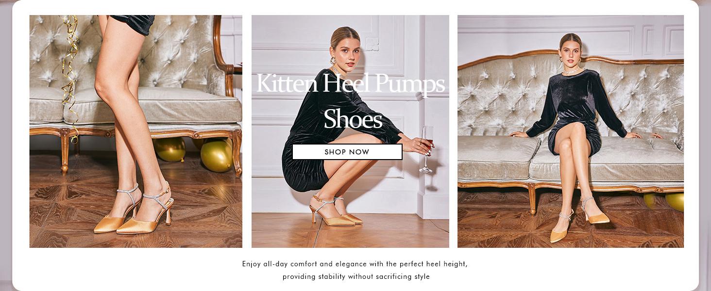 Coutgo Womens Rhinestone Heels Kitten High Satin Pumps Pointed Toe Sparkly Sexy Wedding Dress Shoes