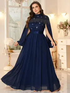 MISSMAY P55800A Plus Sequin Floral Lace Insert Fringe Cloak Split Sleeve Contrast Chiffon Hem Formal Evening Party Long Dress, For Birthday, Graduation, Dinner