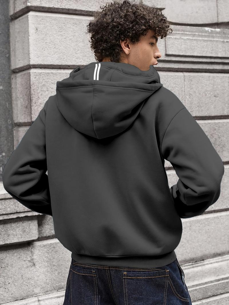 1pc TNZI men's full zipper windproof mask hoodie long-sleeved jacket versatile and fashionable urban style, with zippers and pockets - warm, windproof and durable, suitable for daily or outdoor autumn/winter wear