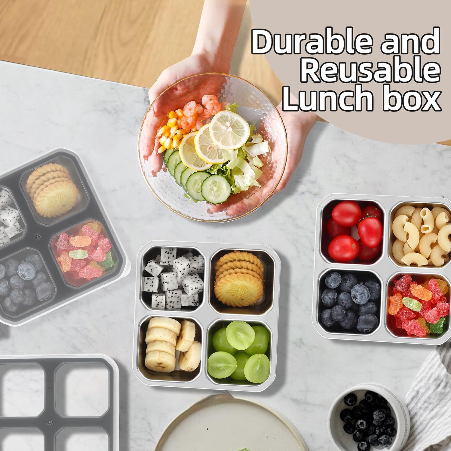 4 Pack Stainless Steel Snack Containers with Lids 4 Compartment Lunch Box for Adults & Meal Prep Bento Box Containers 4 Pack Stainless Steel Snack Containers with Lids 4 Compartment Lunch Box for Adults & Meal Prep Bento Box Containers
