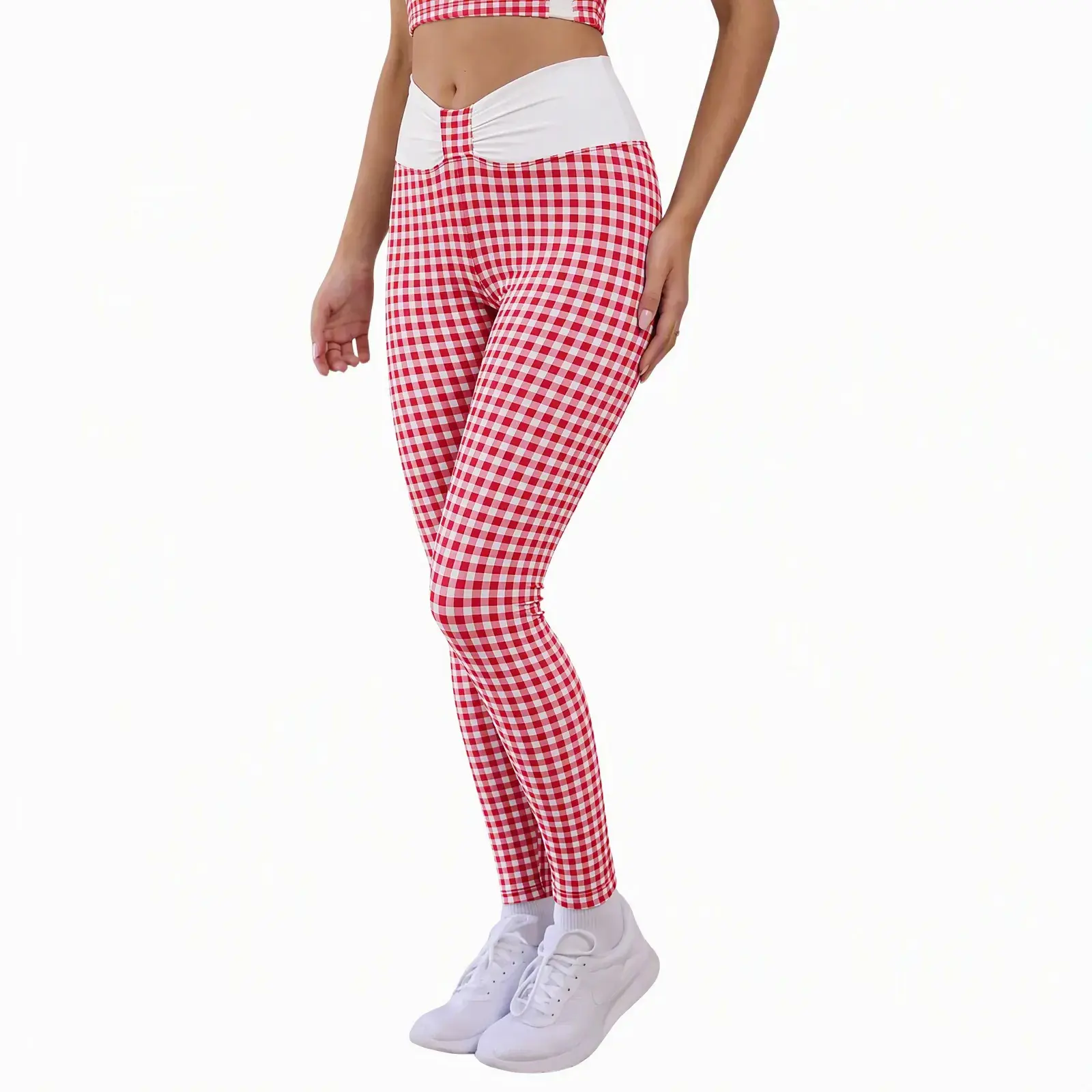 Aoysky Women Gingham Print High Waist Yoga Leggings, Ruched Contrast Waistband Stretch Athletic Workout Pants for Daily Casual Sports