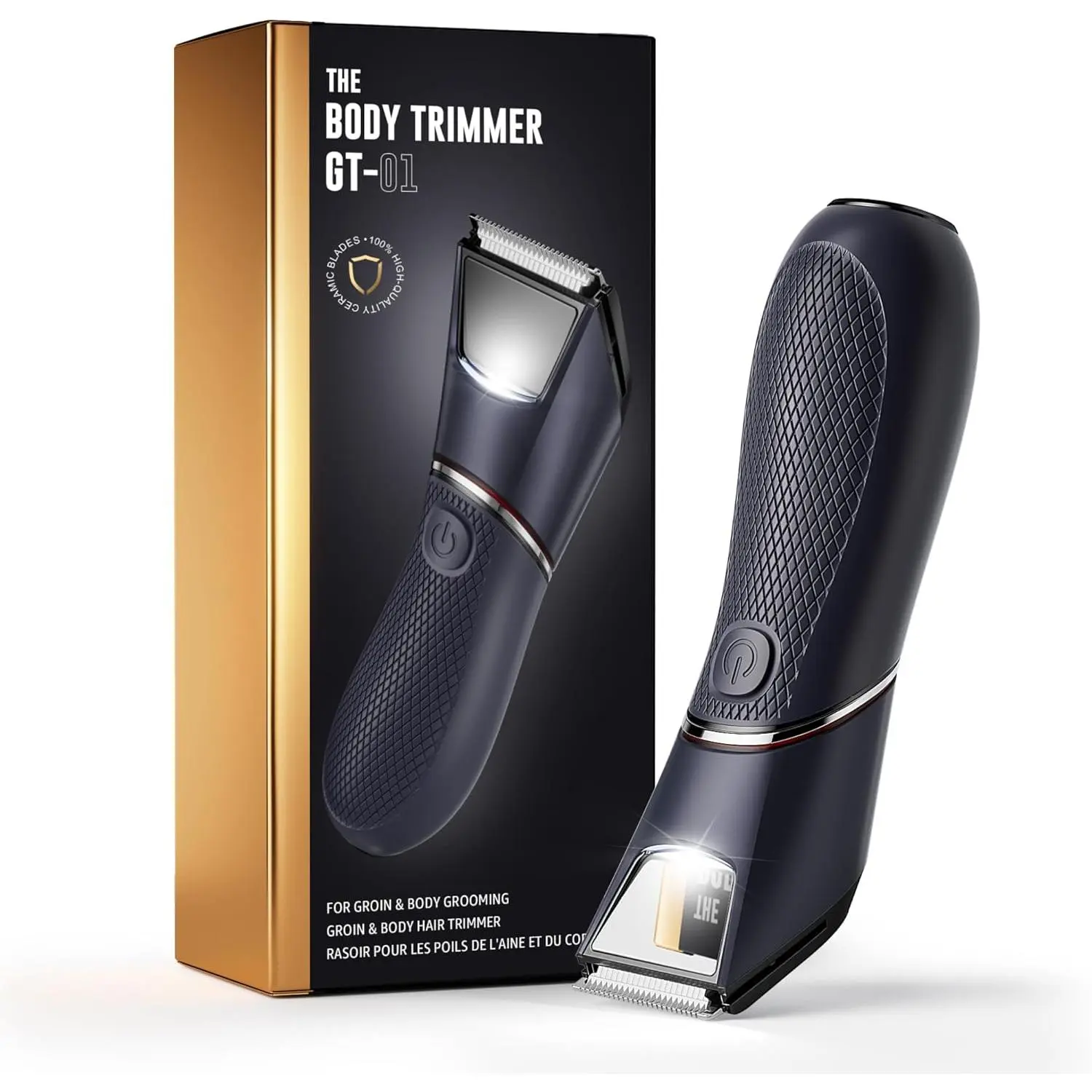 Men's Rechargeable Pubic Hair & Body Trimmer, IPX7 Waterproof Wet/Dry Groomer with LED Light, Mirror, Ceramic Nick-Free Blade, 90-Min Battery Runtime, USB-C Charging, Travel Lock