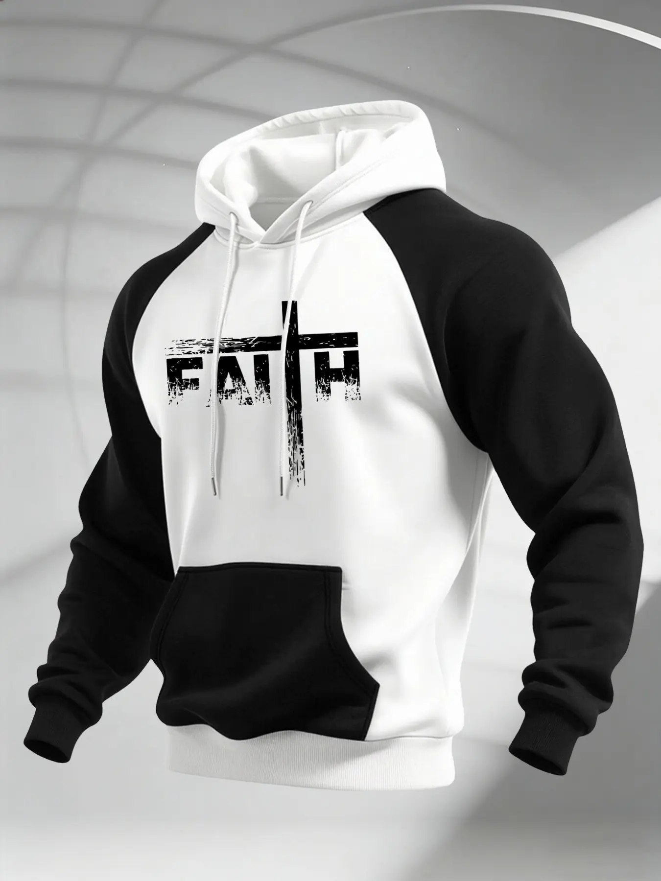 Men Raglan Sleeve Pullover Hoodie, Distressed FAITH Cross Letter Graphic Print, Kangaroo Pocket Drawstring Soft Loose Faith Inspired Streetwear Sweatshirt #FaithHoodie #CrossPrintSweatshirt #RaglanStreetTop