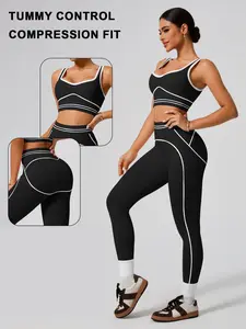 Qfen Sport Women's Colorblock Design Sports Bra and High Waist Tight Pants Set, Detachable Pads, Butt Lifter, Yoga Fitness Daily Wear, Athleisure Sportswear Set