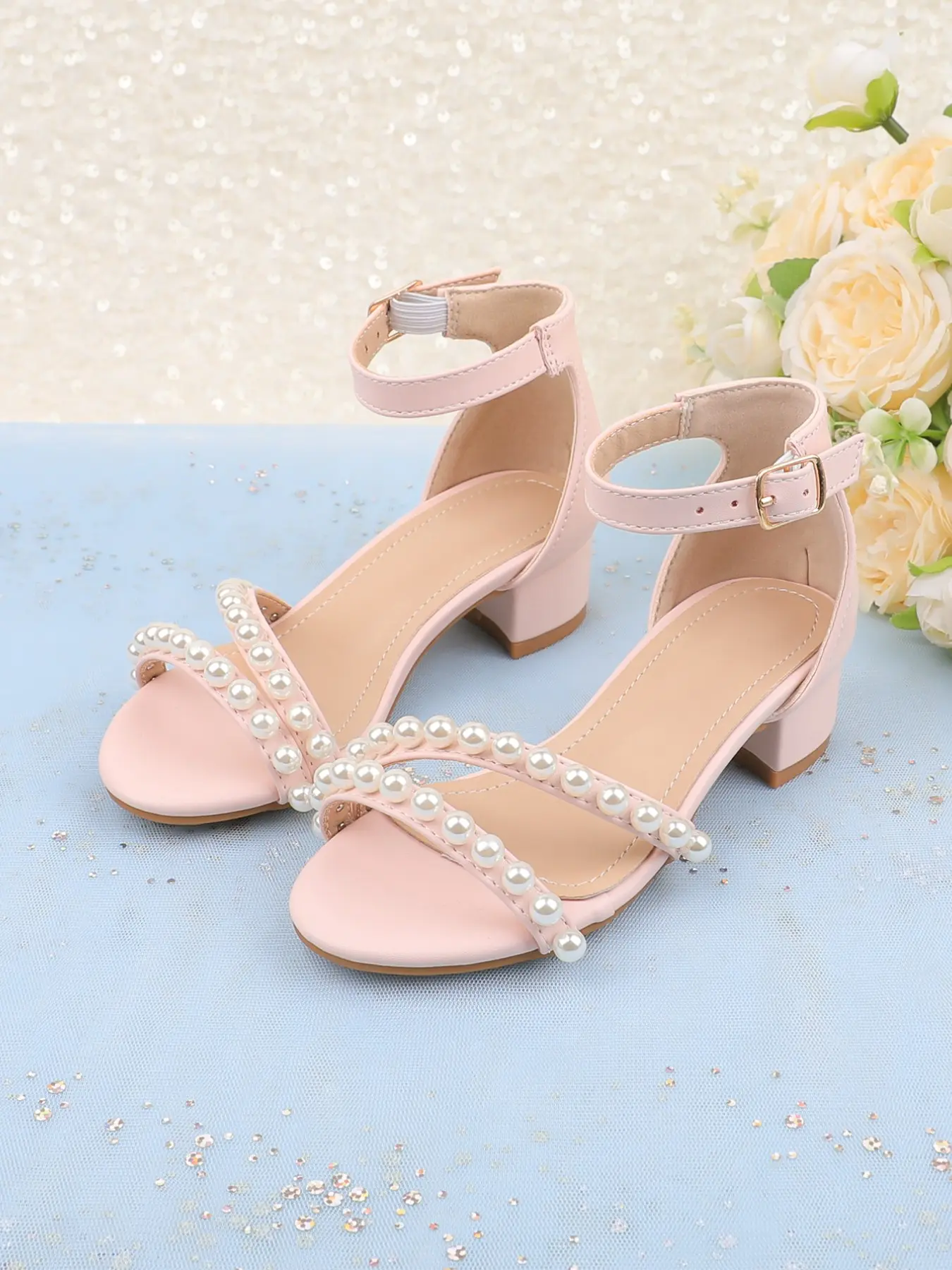 Girls' Sandals, Low-Heel, Chunky Heel, Dress Shoes, Open-Toe, Ankle Strap, Formal Shoes, Pearl Accents, Pink Shoes, Wedding & Party Shoes, Suitable for Toddlers/Older Children