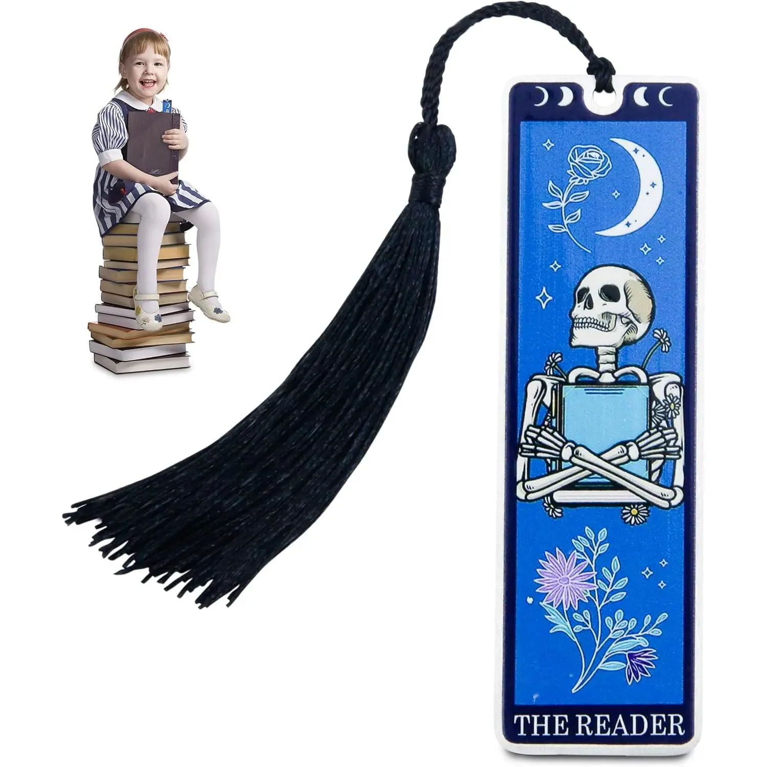 Skeleton Tarot Metal Bookmark with Tassels – Funny Gothic  Bookmarks,  Skull Tarot Card Bookmark for Book Lovers –   for Women, Men, Teens  Christmas (Blue)