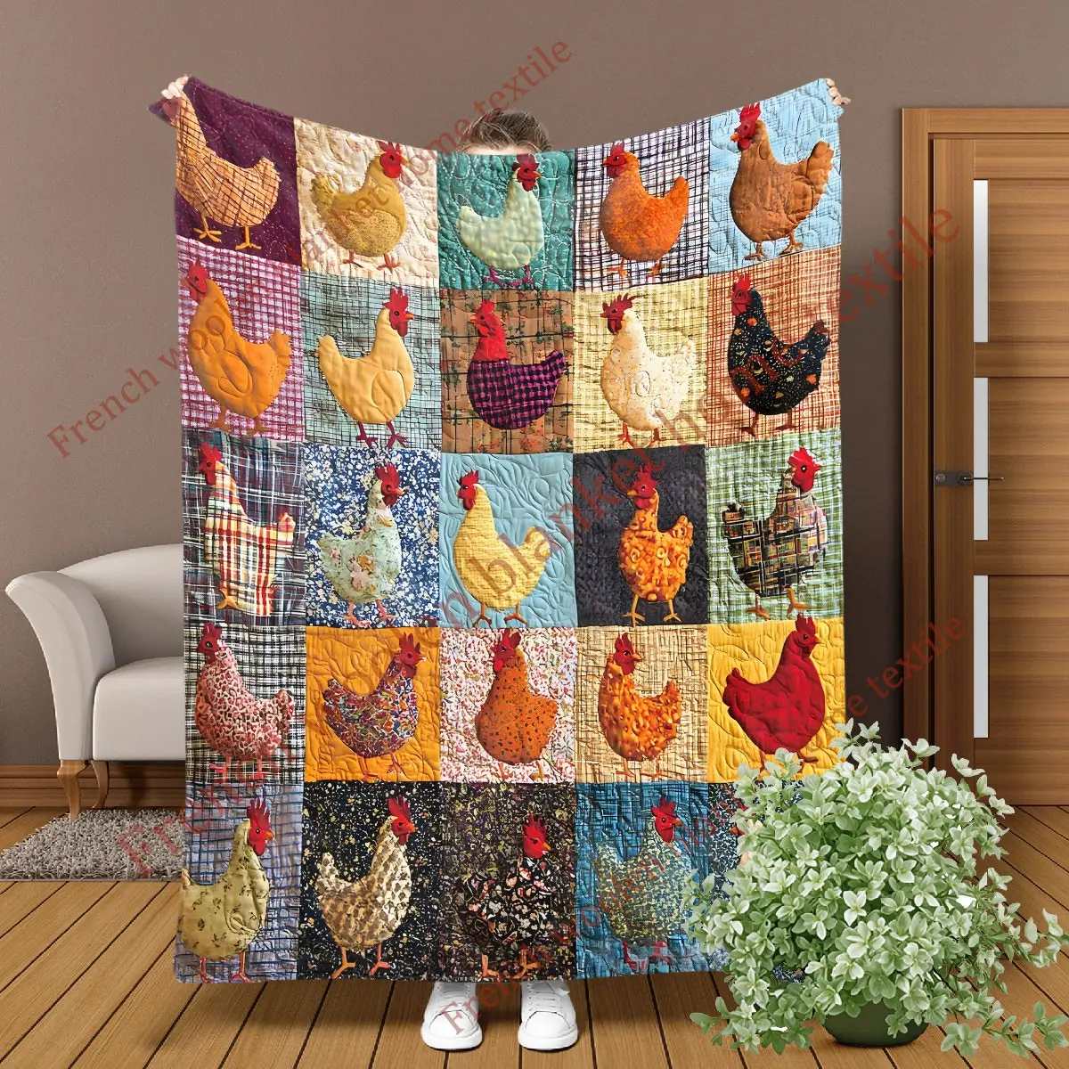 Vintage Style Colorful Chicken Patchwork Quilt, Soft Flannel Fabric, Digital Print, 250-300gsm, Ideal for Sofa, Bed, Office, Car, Camping