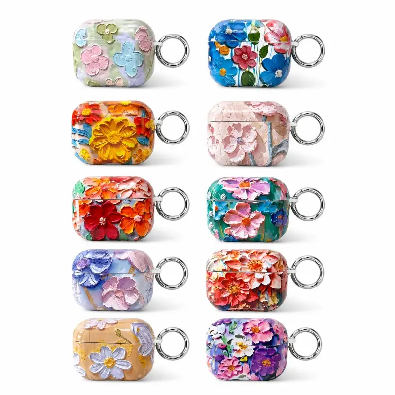 Oil Painting Floral Print Earbud Case, Soft TPU Protective Cover with Detachable Keychain and Non-Slip Grip for Travel & Daily Use