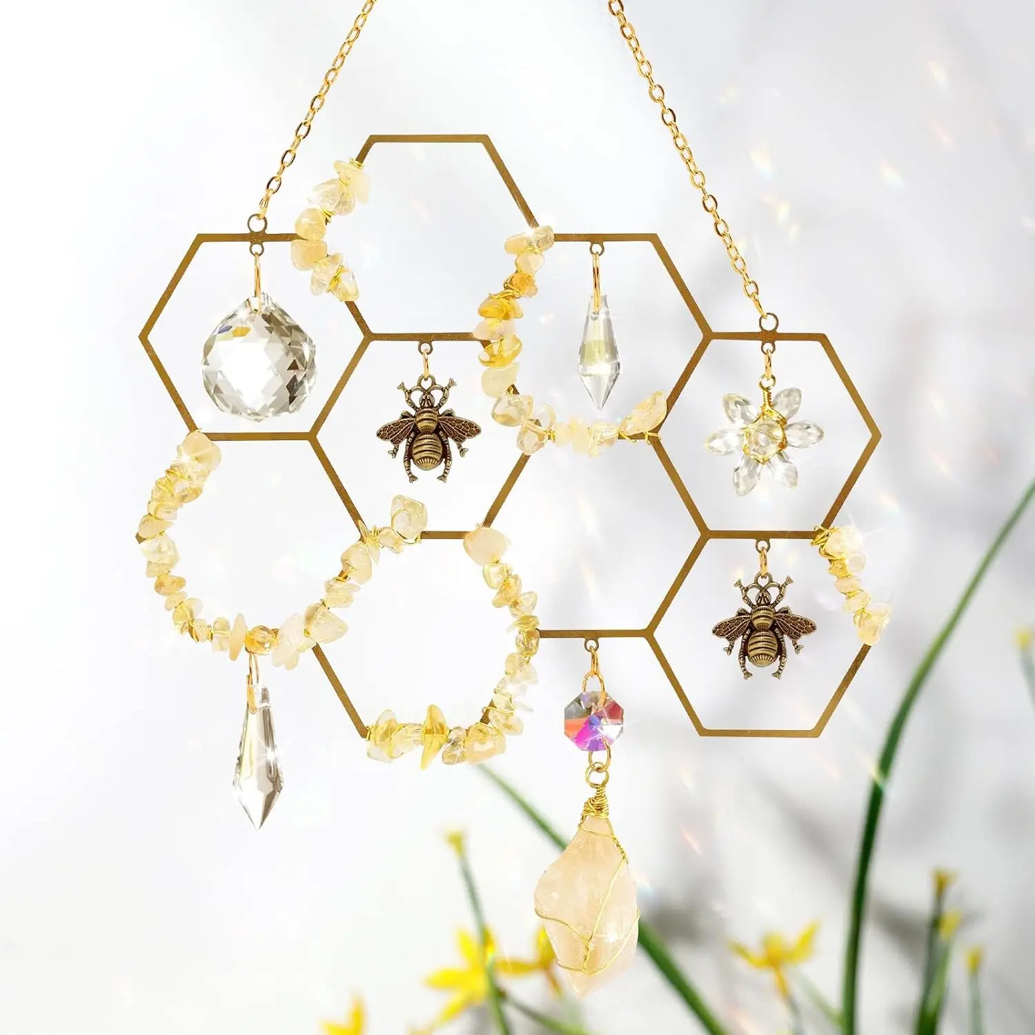 Crystals Suncatcher Window Hanging Bumble Bee Decor Honeycomb Light with Crystal Glass Prisms Hive for Home Indoor Outdoor Garden Ornament Christmas Birthday Gift Ideas
