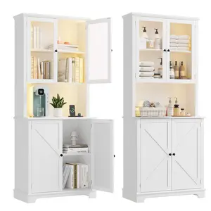 72" Tall 4-Door Storage Cabinet– Freestanding Kitchen Pantry with Charging Station & LED Lights, Farmhouse Buffet for Kitchen, Dining Room, Bathroom & Entryway