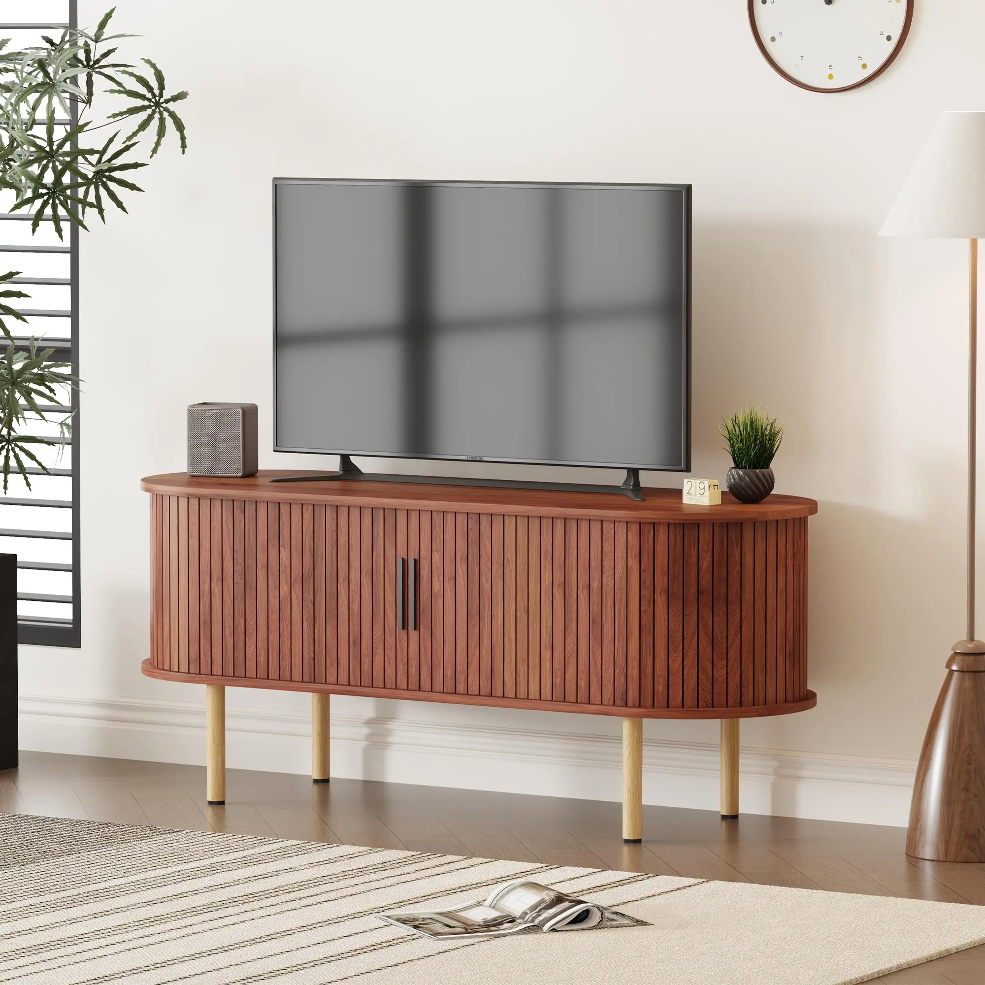 Scandinavian Style Engineered Wood TV Stand - Sliding Doors, Adjustable Shelves, Rounded Edges, Easy Setup - 80in TV Media Center with Ample Storage for Living Room Indoor Furniture