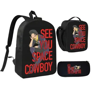 Cowboy Bebop Spike red lettering on a black background simple anime three-piece school bag set, including a backpack, insulated lunch bag, and pencil case, suitable for teenagers' daily school use