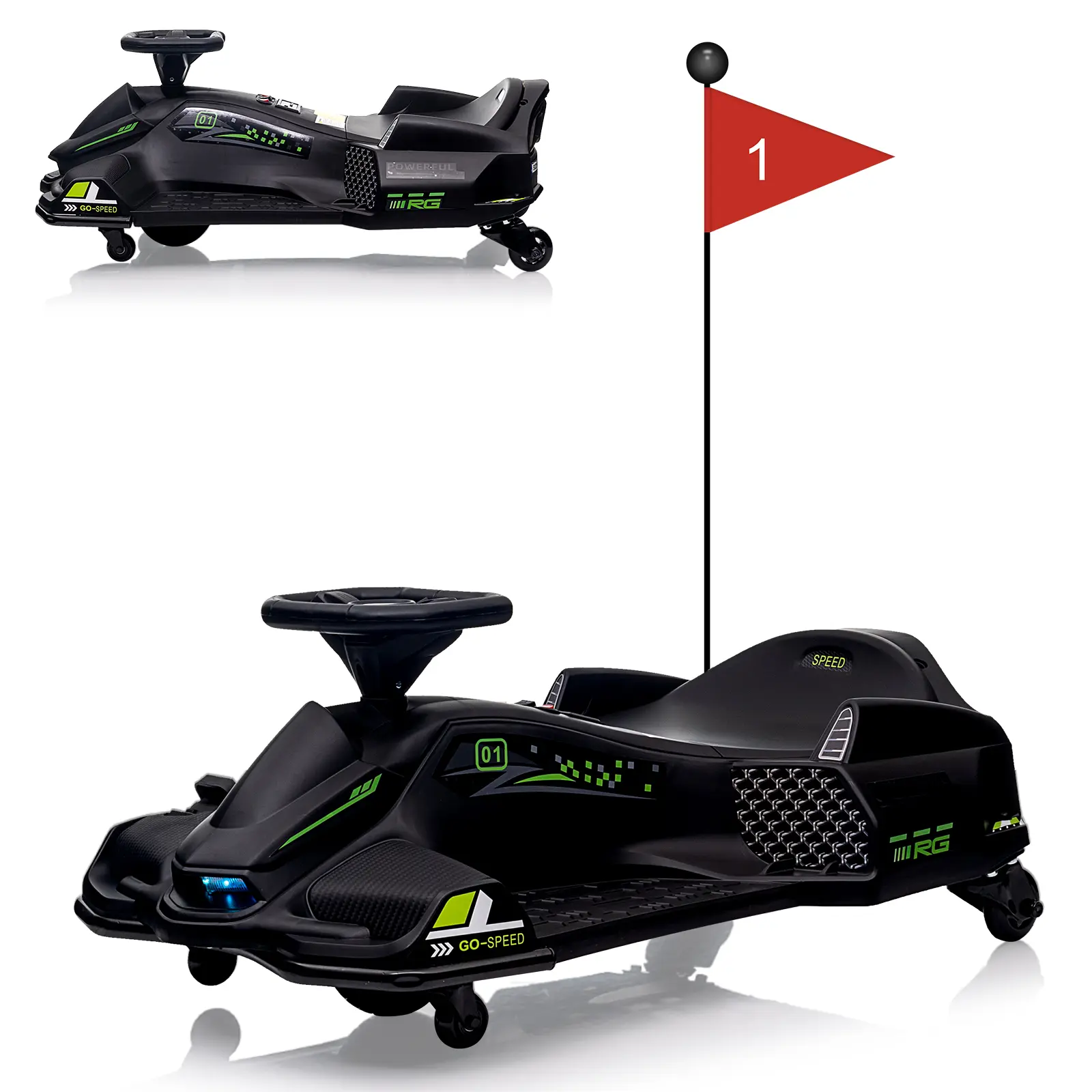 24V Ride on Drift Car,7Ah Battery 180W Brushless Quieter Motor Electric Fast Speed Drift Go-Kart Max Load 110 LBS, with Music, Front+Tail LED Light, Low-Power Alarm for 8+ Toy
