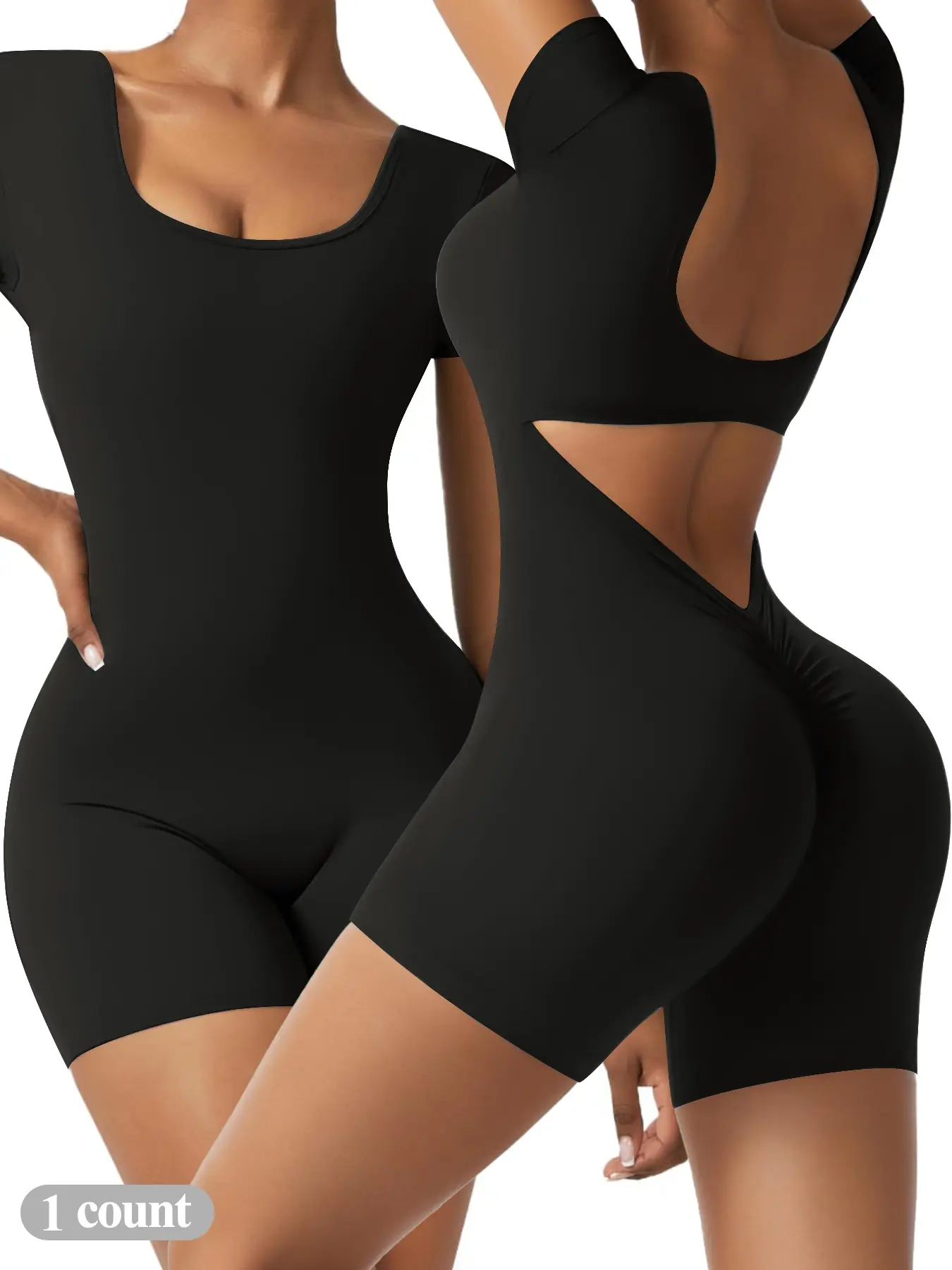 Women's Sport Yoga Romper, U-Neck Short Sleeve, Hollow Out Backless, Tight Fit Pleated Shorts, Comfortable Activewear for Women, Workout Rompers