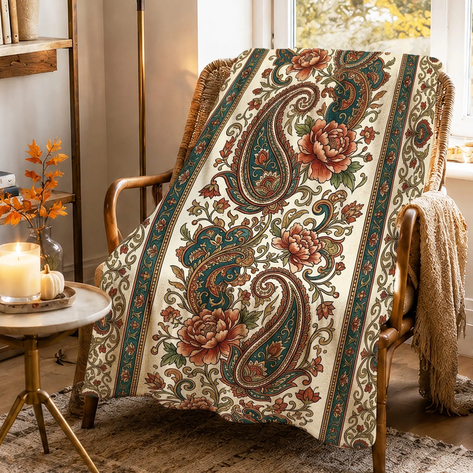1pc Floral Paisley Blanket, Vintage Boho Style, Elegant Floral Design with Intricate Patterns and Decorative Borders, for Living Room Bedroom Home Decor and Cozy Gatherings