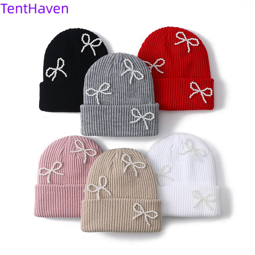 Knitted Beanie Hat with Elegant Pearl Butterfly Knots, Unisex Velvet Lined Winter Cap, Warm Stretch Fit with Alphabet Label, Adults, Alphabet Labeling, Winter Outing, All Seasons, Unisex Wear, Everyday, Thick Velvet, Fashionable Warm Hat, Female