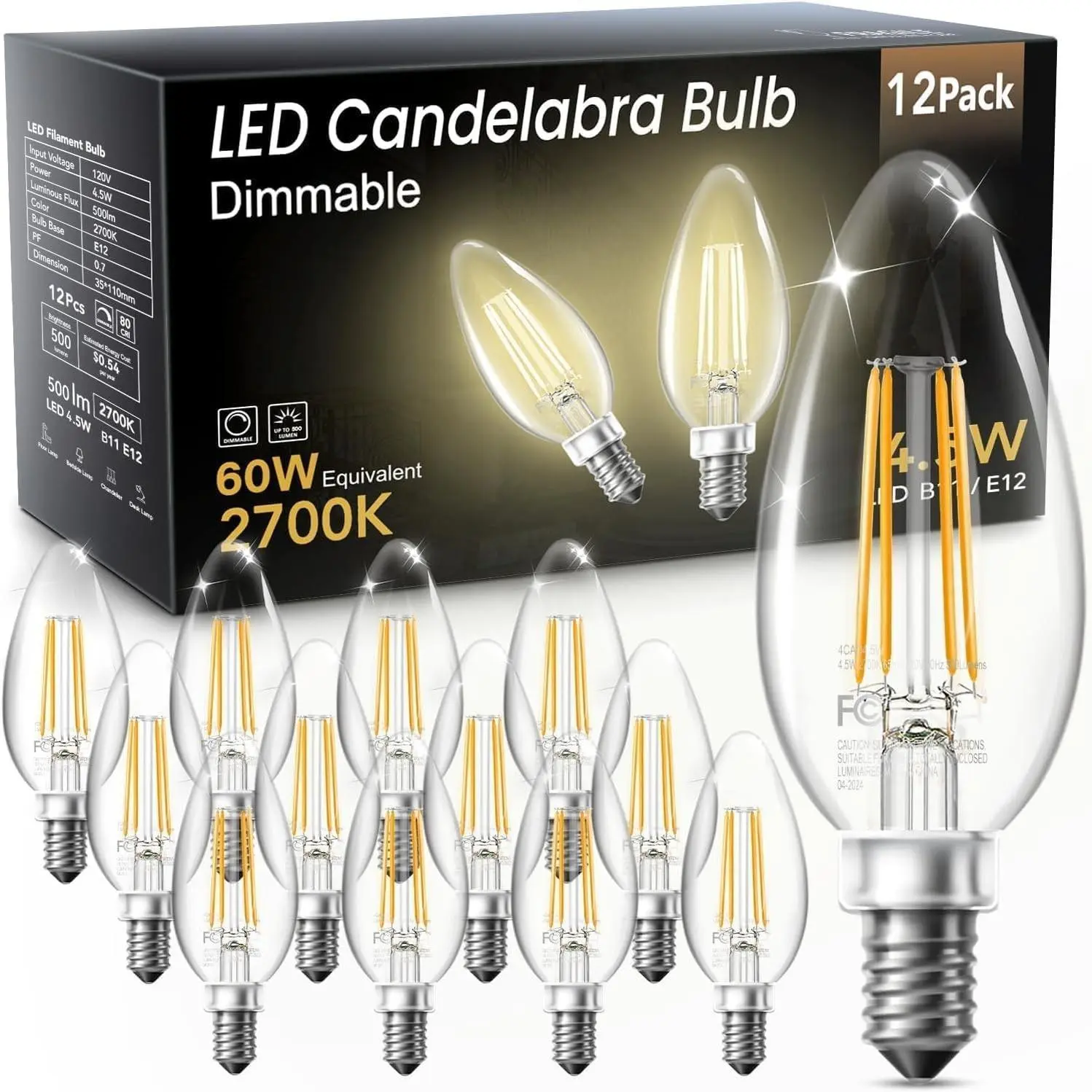 LED Candelabra Bulbs Dimmable, 60W Equivalent Chandelier Light Bulb, E12 Small Base, 4.5W 2700K Soft Warm White, B11 Vintage Filament Clear Glass Candle Light for Ceiling Fan Chandeliers, 12Pack