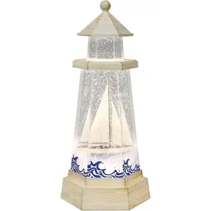 Lighthouse Water Spinner Coastal Acrylic LED Light-Up Decoration with Moving Glitter Battery Operated Nautical Tabletop Lamp (3xAA Batteries Not Included) Gift