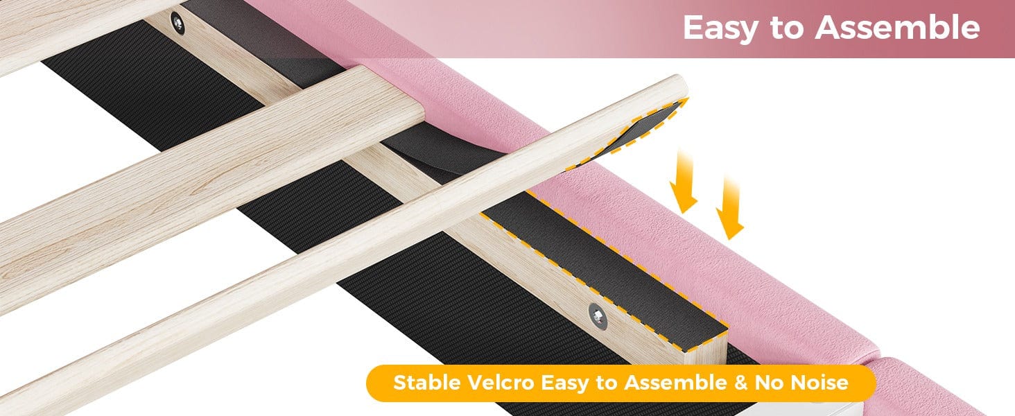 Sikaic Twin Size Princess Velvet Upholstered LED Bed Frame Pink Headboard & Storage Charging Station with RGB Lighting & 2 Outlets for Kids