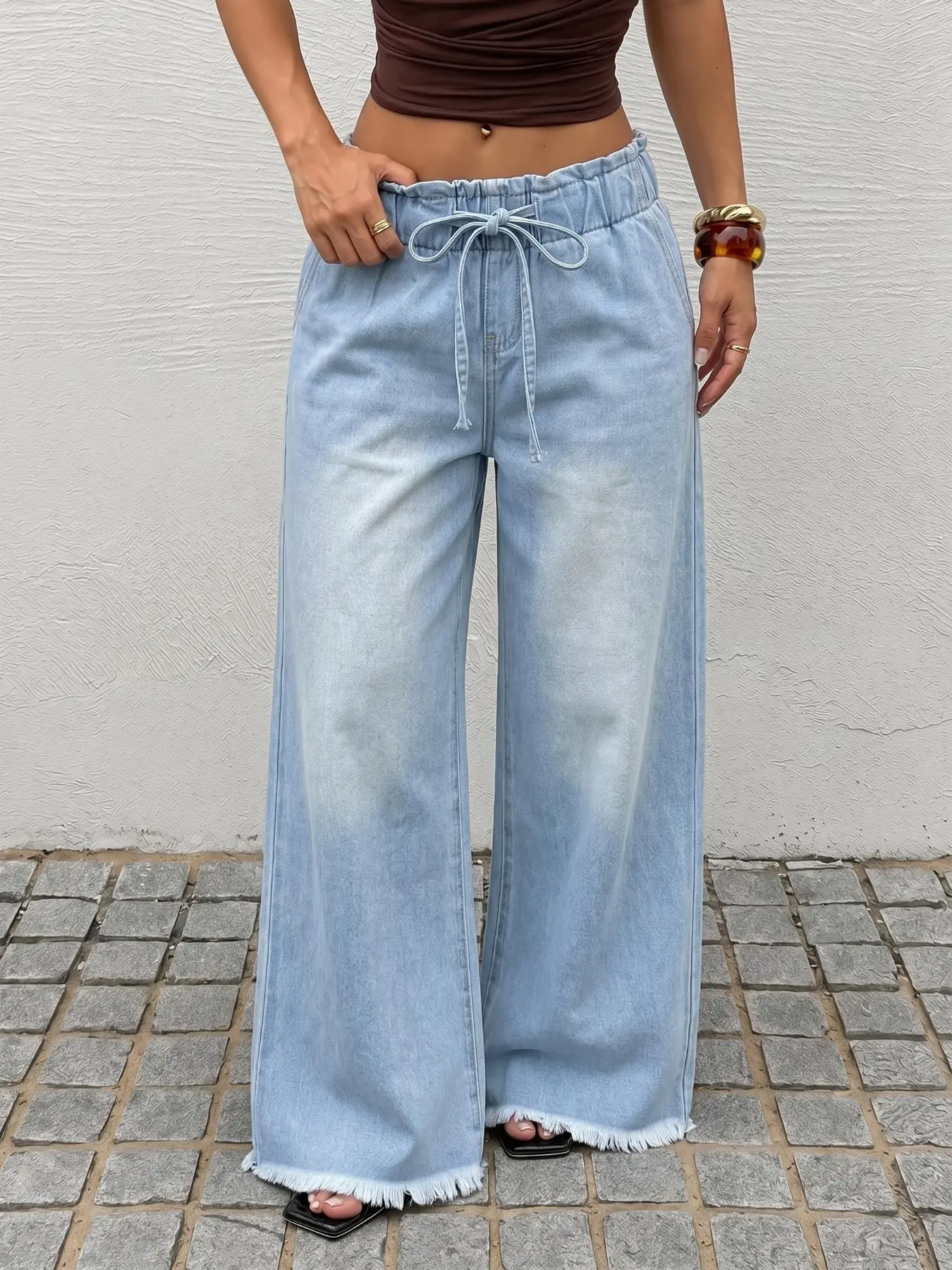 Vintage Light Wash Drawstring Elastic Waist Wide Leg Loose Hem Women's Casual Jeans, Comfortable and Stylish Long Pants for All Seasons
