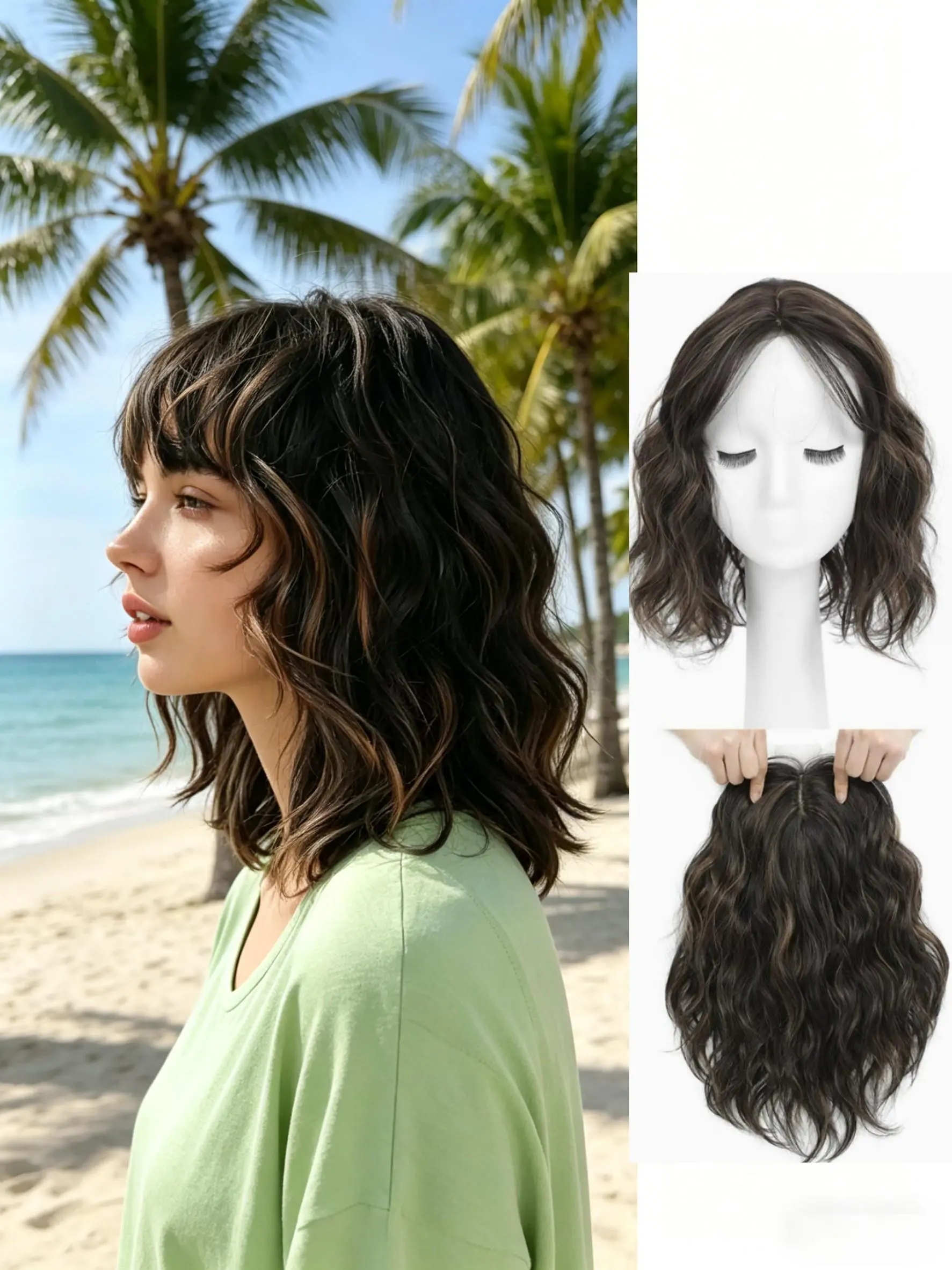 ✨Dark Brown Balayage Wavy Clip-in Hair Topper with Full Bangs, Soft Water Wave Texture, Invisible Seamless Blend, Perfect to Cover Thinning Crown & Boost Hair Volume for Beach & Daily Styling💇‍♀️