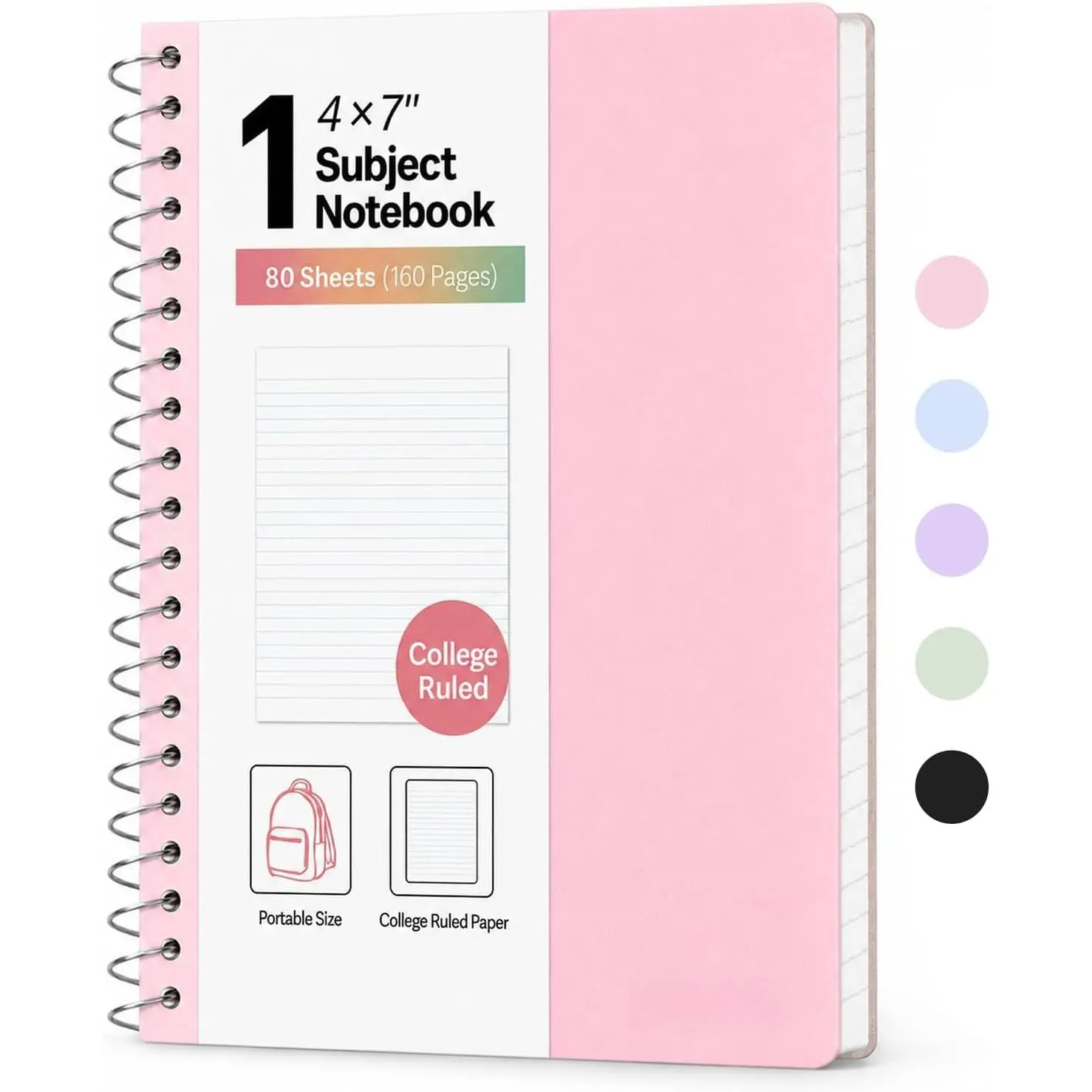 Spiral Notebook, Mini 1 Subject Notebook 4" x 7" College Ruled | 1 Subject, Perforated Pages, Sturdy Pocket Storage, 80 Sheets, Fights Ink Bleed,  Cover, School Supplies