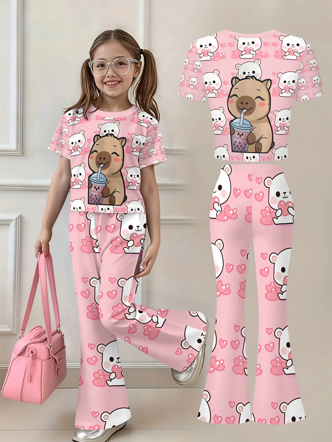 Cute Milk Tea Capybara Cartoon Graphic Girls 2 Piece Matching Outfit, Breathable Skin Friendly Short Sleeve Top, Elastic High Waist Pink Heart Bear Flared Trousers, Weekend School Casual Suit, Trending Viral Aesthetic Teen Girl Wear
