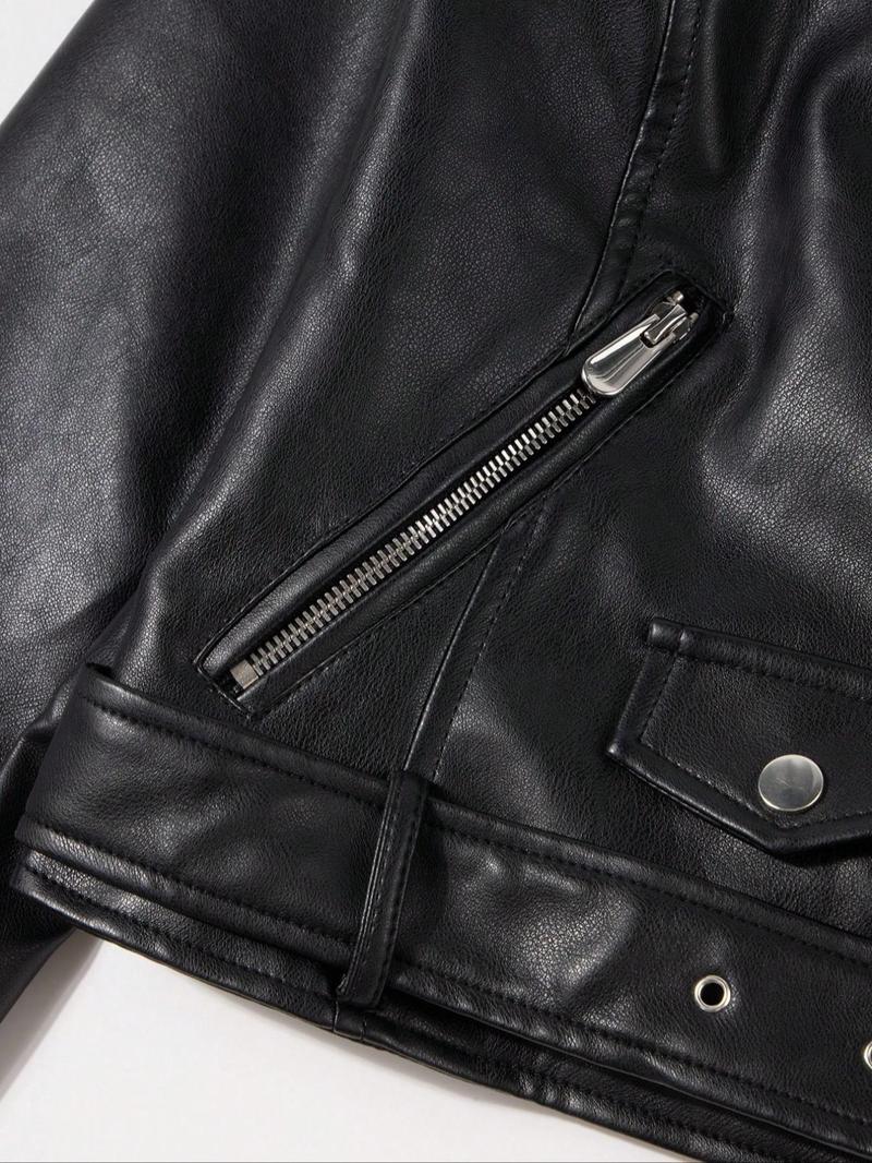 Women's Spring Jacket Vintage Street PU Coat, Fall Winter Casual Faux Leather Stand Collar Zipper Short Motorcycle Jacket with Belt