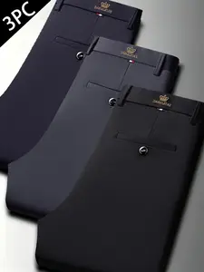 Men's Luxury Crown Embroidered Suit Pants Set of Three, Slim Fit Straight Leg Business Casual Pants, Elegant and Comfortable