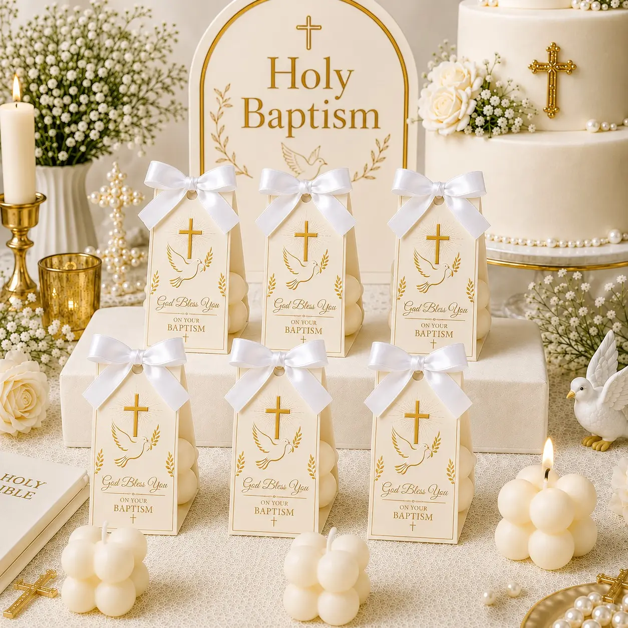 5/10 Sets White Cube Candle Baptism Favors, Cross and Dove Religious Candle Gift Set with Ribbon Box, Baptism and Christening Favors, Baby Shower Favors, First Communion Guest Gifts, Christian Party Keepsakes