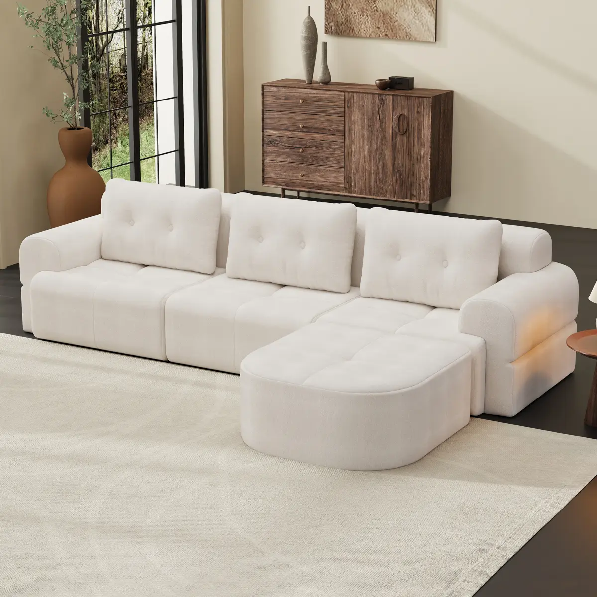 112" Modular Sectional Sofa Couch with Chaise, L-Shaped Cloud Couch Beige White, Tufted Chenille Deep Seat No Assembly Sectional Couches for Living Room, 4 Seater