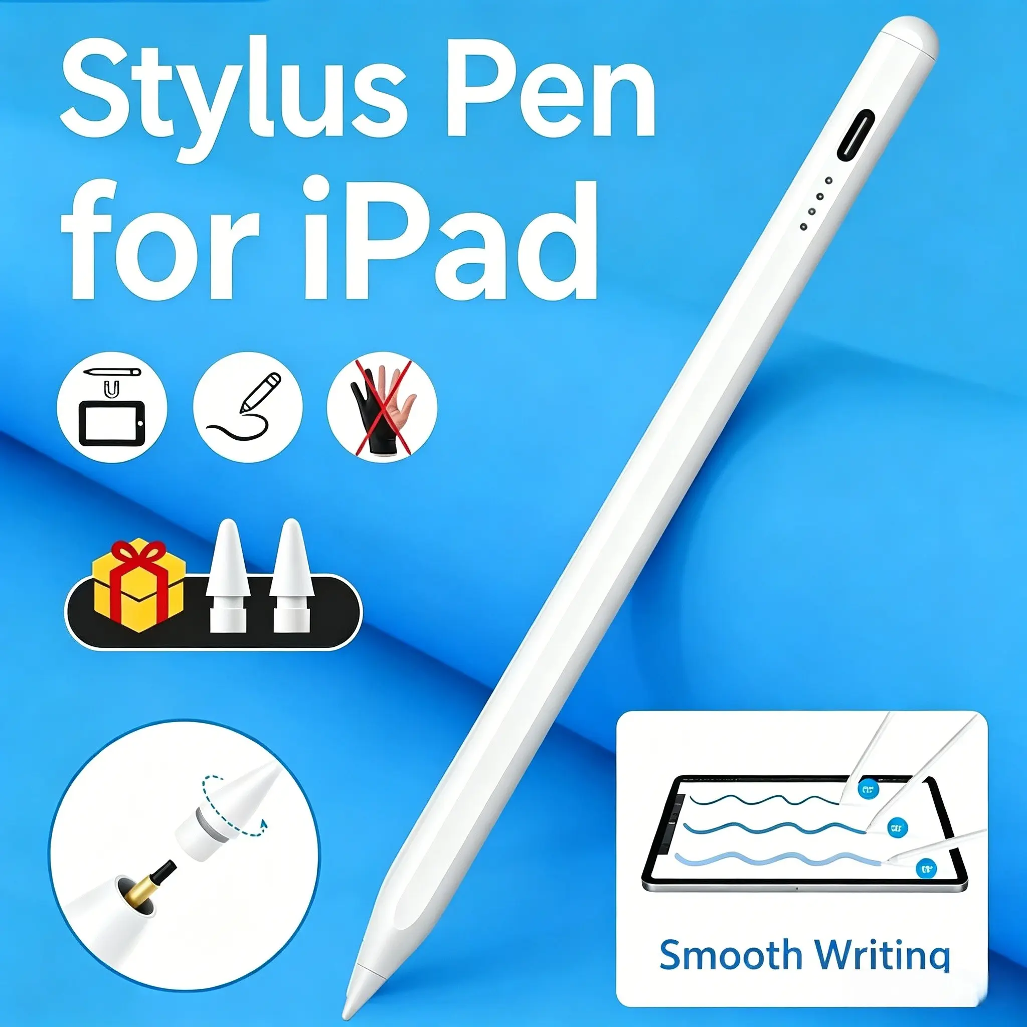 Rechargeable Universal Stylus, USB Rechargeable Stylus, Slim Elegant Design, Battery Level Indicator, Magnetic Feature, Compatible with iPad 2018+, Android Devices