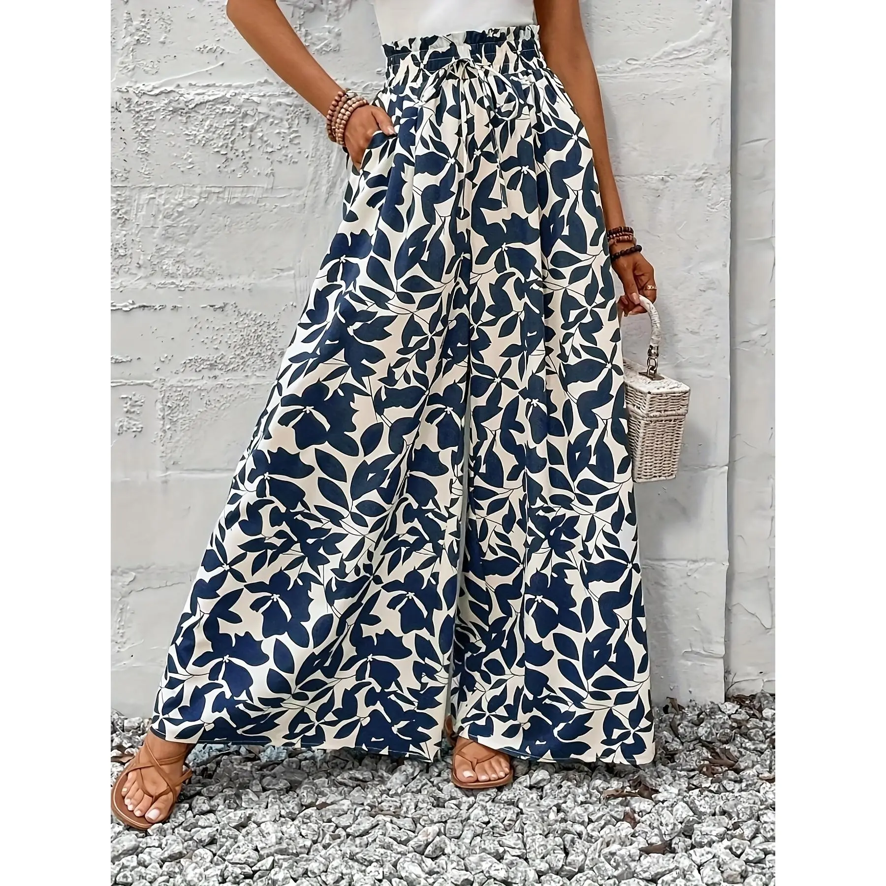 Elegant Chic Romantic Women'S Printed Ruffle Waistline Wide Leg Casual Loose Vacation Trousers Fake Drawstring Casual Style