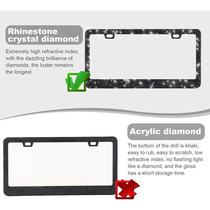 2 Pack Bling License Plate Frames for Women, Sparkly Rhinestone   Accessories with Glitter  Caps (Black)