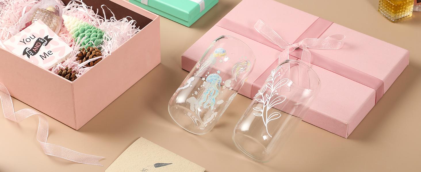 Glasses with Glass Straw 4pcs Set - 16oz Highball Glass Cups, Beer Glasses, Iced Coffee Glasses, Cute Tumbler Cup, Ideal for Whiskey, Soda, Tea, Water, Gift, 1 Brushes