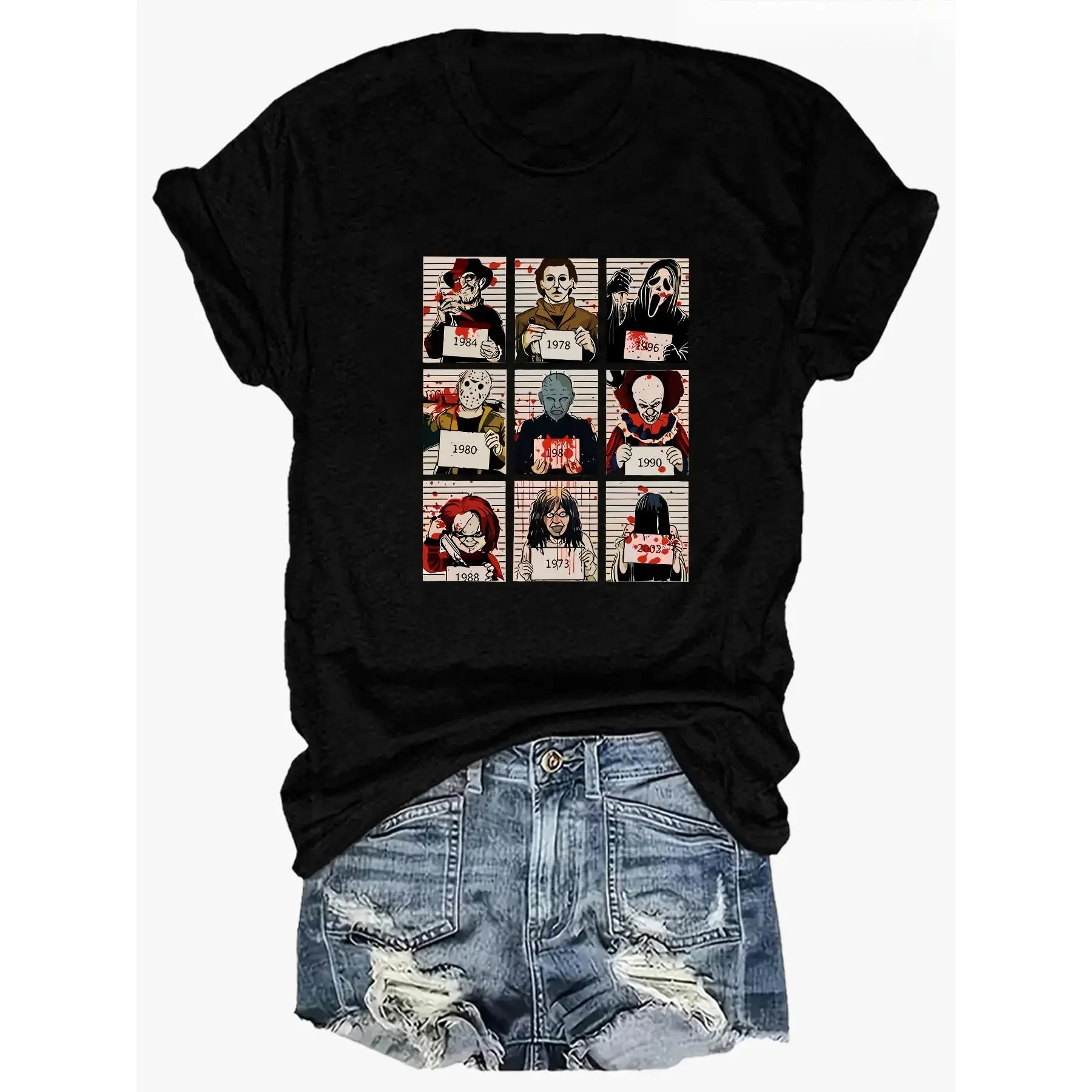 Horror Movie Characters Mugshot Grid Graphic T-Shirt, Vintage Halloween Slasher Villains Lineup Print Short Sleeve, Spooky Season Casual Black Top