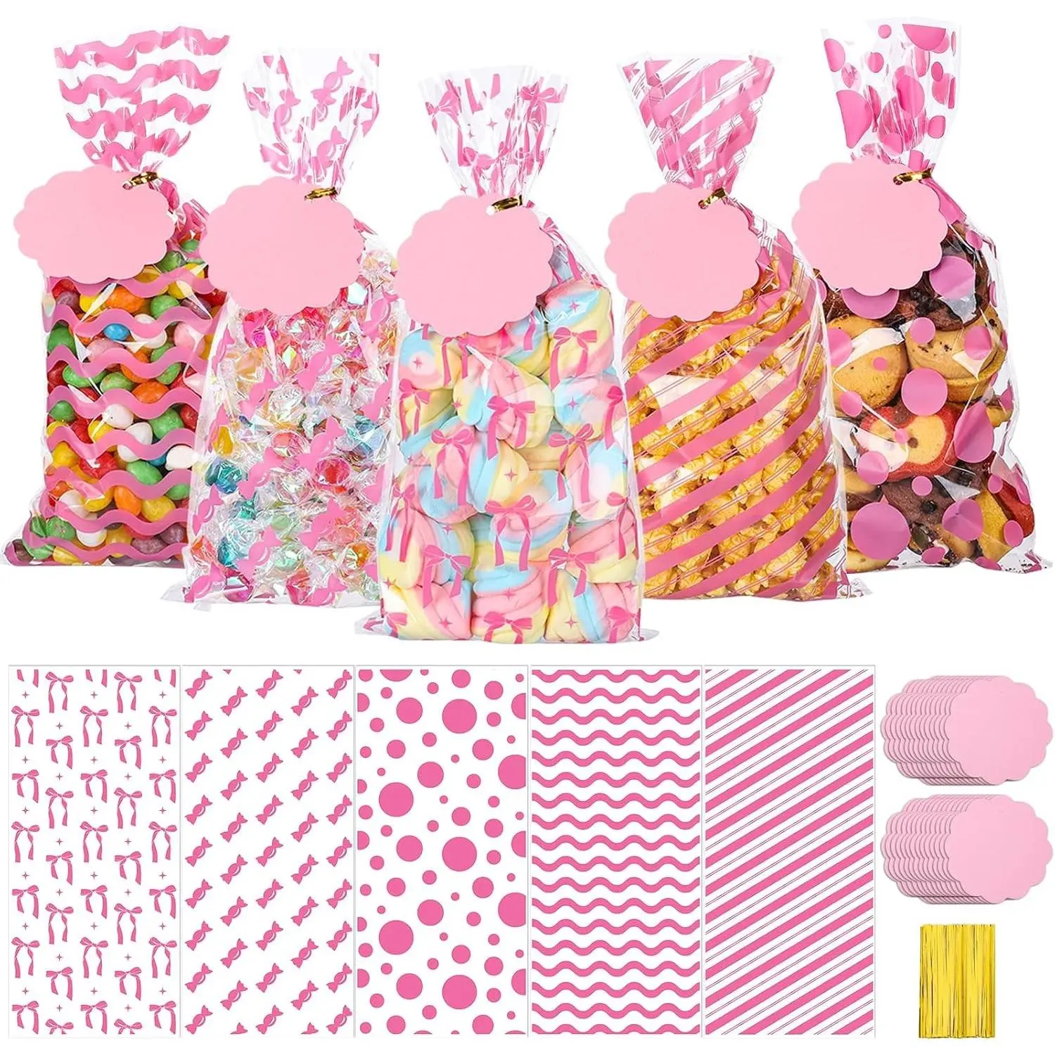 100 Set Pink Cellophane Bags 5 x 10.6 Inch Clear Plastic Treat Bags Candy Goodie Bag with 100 Gift Tags and Twist Ties for Baby Shower Girl Weddings Pink Bow Birthday Party Favor