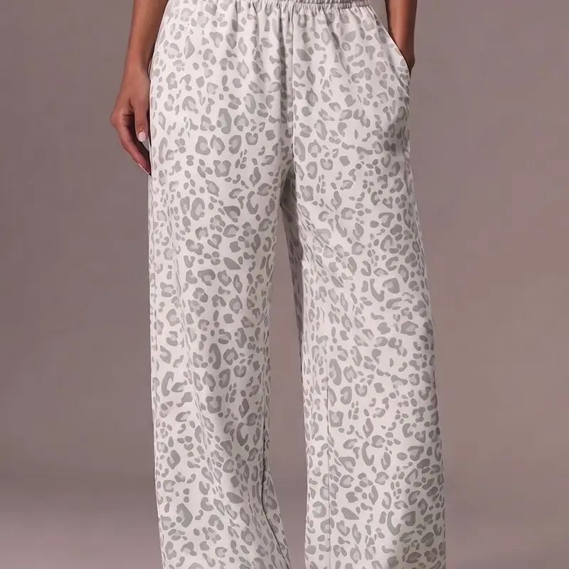 Women Neutral Tone Cheetah Print Relaxed Wide Leg Baggy Joggers White Background Light Gray Leopard Animal Print Elastic Waist Separable Single Pants Bottoms