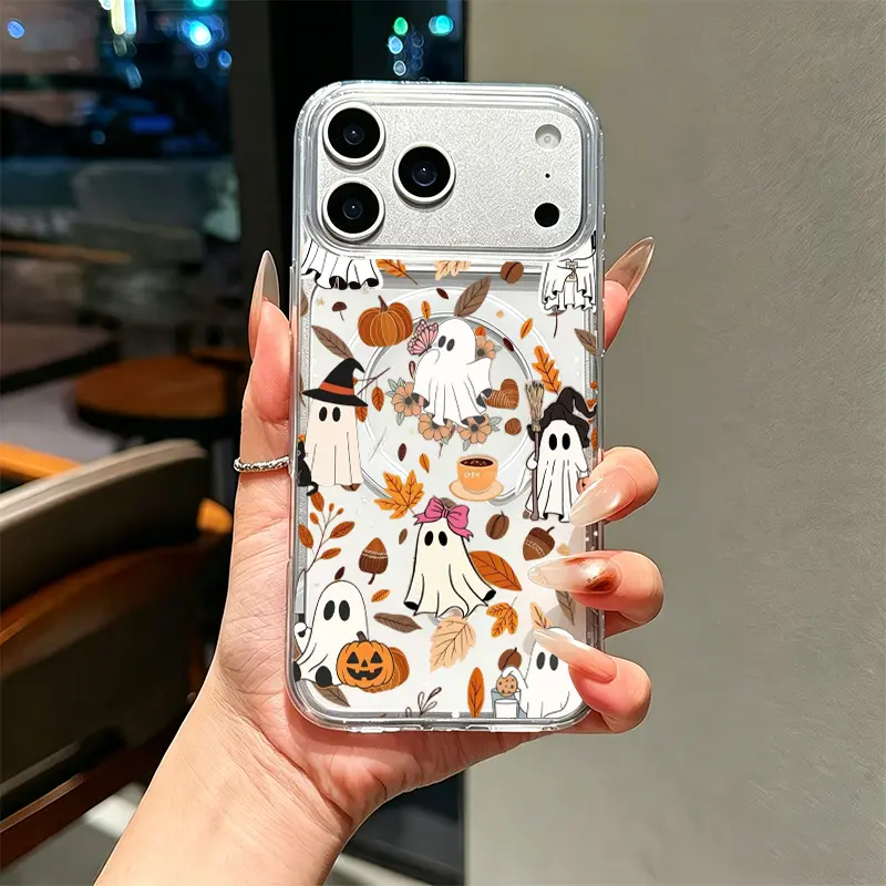 Autumn Ghost Pumpkin Phone Case, Cute Cartoon Minimalist Style for iPhone 17 16 15 14 13 12 11 Plus Pro Max Seasonal Holiday Gift