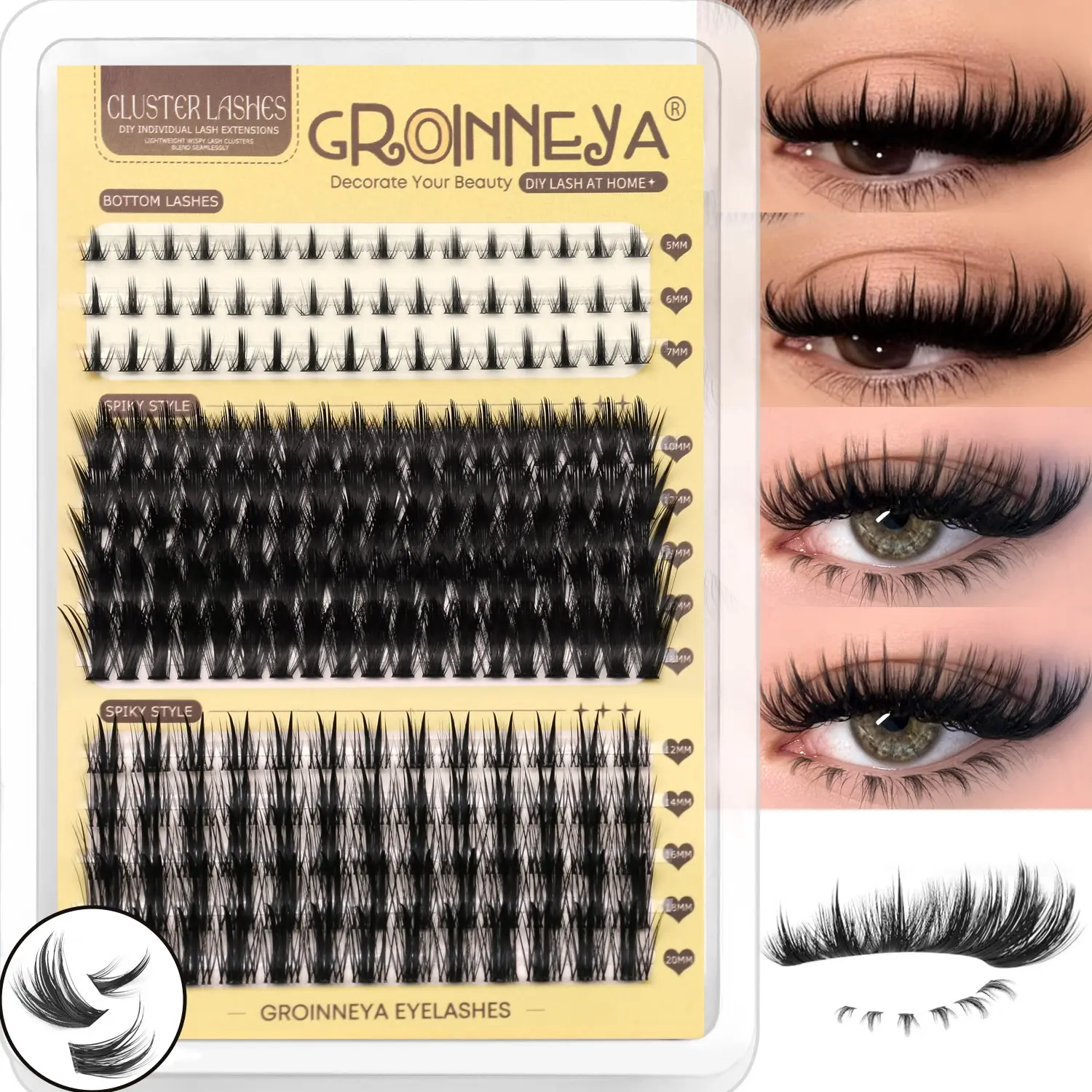 GROINNEYA 10 Rows Bottom Lashes & Upper Lashes, Beauty Eyelash Clusters, To DIY Extension, Mix Length Lash Clusters Glam Spike Faux Mink Eyelashes C Curl Wispy Lash Clusters Medusa Lashes, Suitable For Date And Vacation