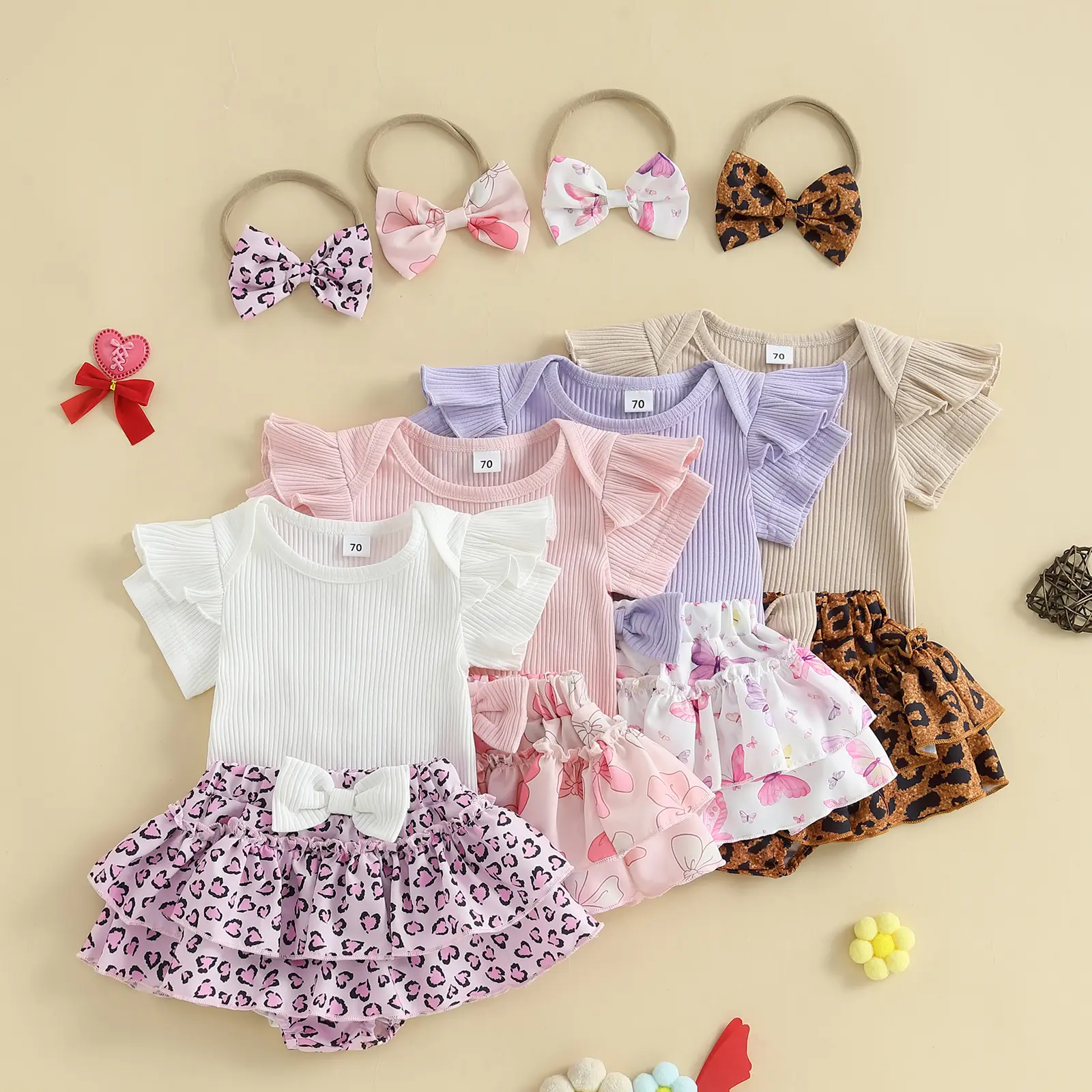 Baby Girl Clothes Summer Infant Floral Outfit Ruffle Sleeve Knitted Romper + Layered Bloomers Shorts + Headband