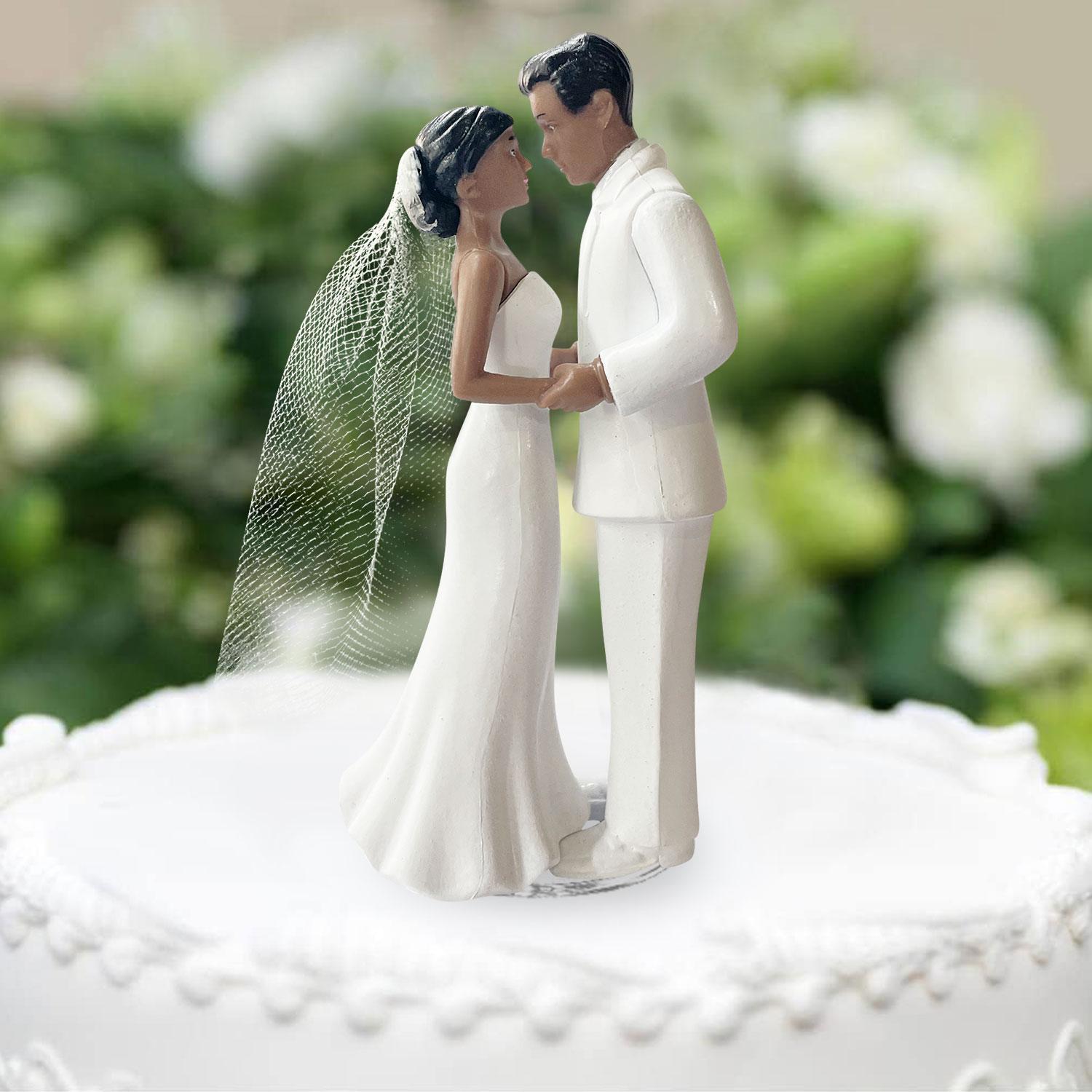 Elegant Bride & Groom Wedding Cake Topper with Veil 4.3" - Anniversary, Bridal Shower, Engagement Party Decoration