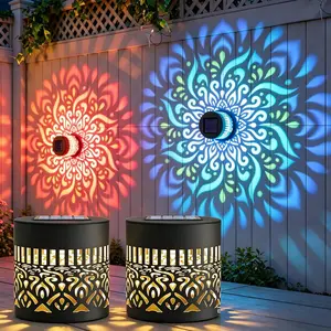 2Pcs Solar Mandala Projector Lights – 7 RGB Colors, Rustproof Metal Hollow, Waterproof Fence Light for Garden Patio Backyard Deck Decor, Outdoor Step Wall Lights, Christmas Decorative Lamp