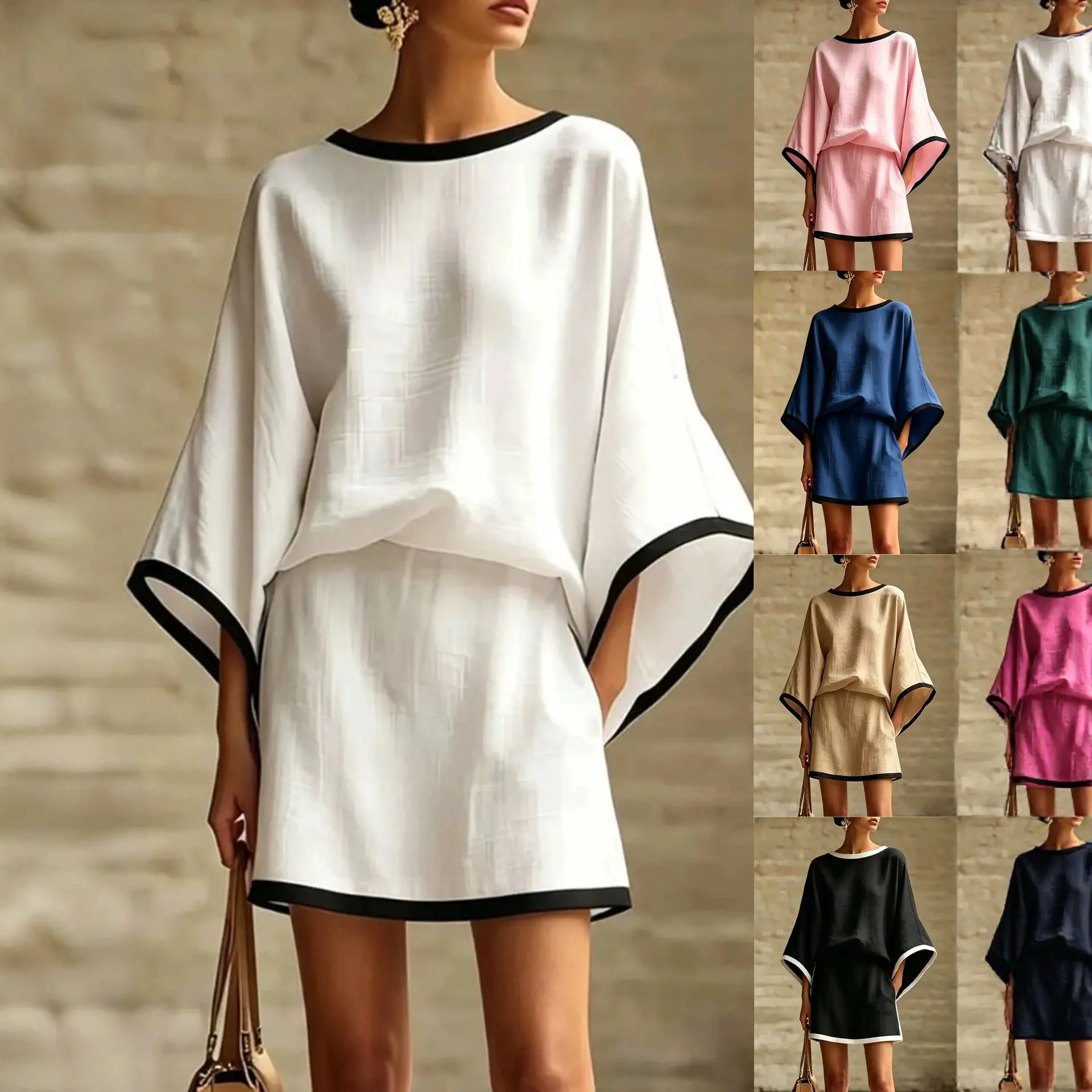 Women’s Contrast Trim Two Piece Skirt Set, Relaxed Batwing Sleeve Top and Matching Mini Skirt, Elegant Loose Fit Outfit for Vacation, Brunch, Dinner, Party and Summer Travel