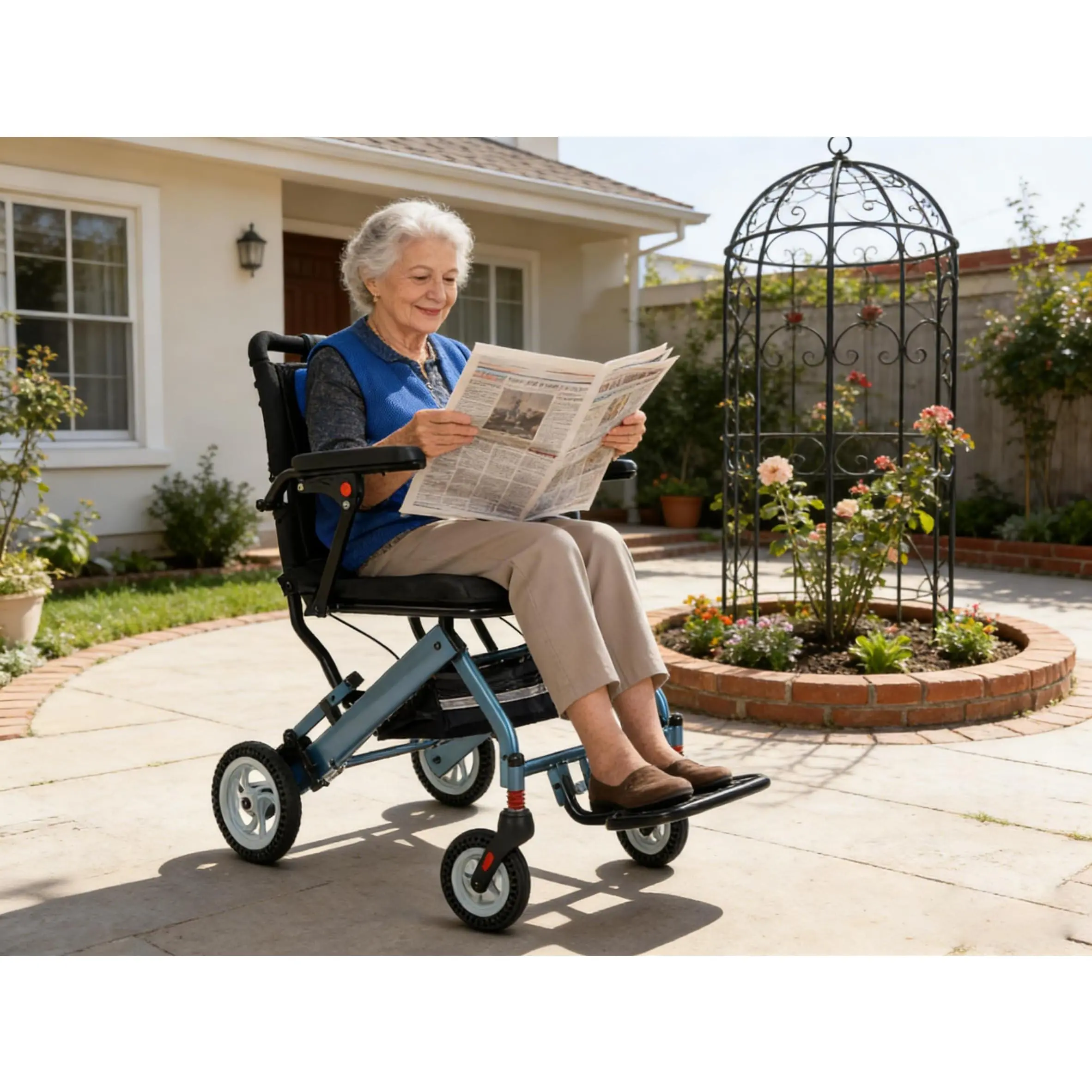 Lightweight Foldable Transport Chair - 16 in Wide Seat, Aircraft-Grade Aluminum Frame, 280° Flip-Back Armrests, Swing-Away Footrests, Dual Handbrakes, Smooth PVC Components, 300 lbs Capacity, Compact for Travel