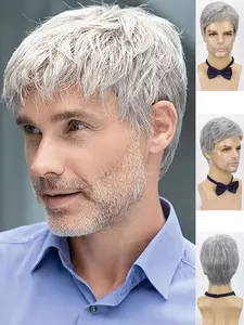 Men's Silver Color Heat-Resistant Synthetic Hair Wig, Layered Design, Perfect for Daily Wear, Parties, Halloween, Comfortable and Stylish