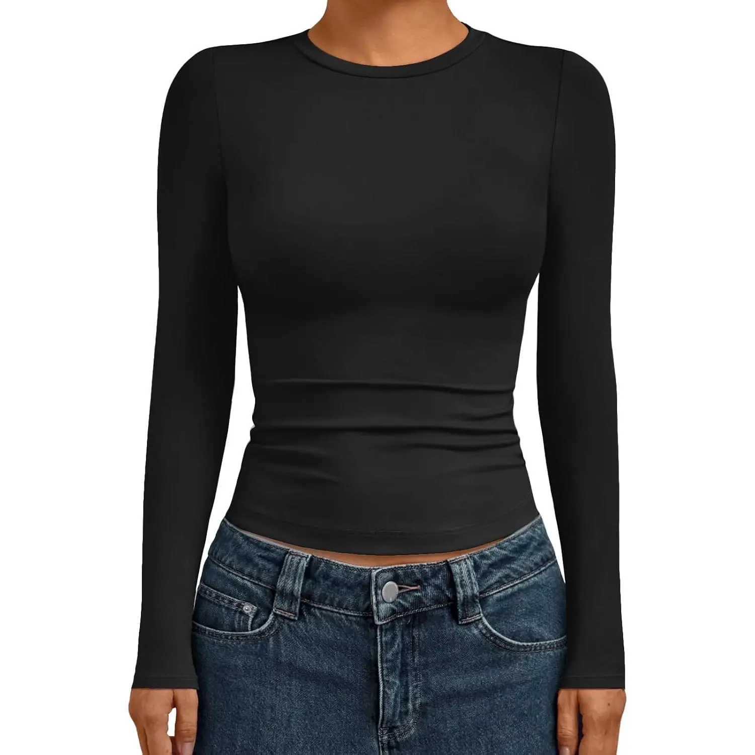 Womens Crew Neck Long Sleeve Shirts Compression Underscrubs Tops Gym to Street, High Stretch, Buttery-Soft, Pairs with Jeans or Skirts, Travel Ready Staple, Versatile Layering Staple