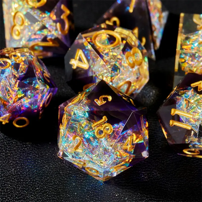 7 Piece Gradient Gold Foil Resin Dice Set, Laser Flash & Numbers, Smooth Edge, D&d Coc Mtg Tabletop Games
