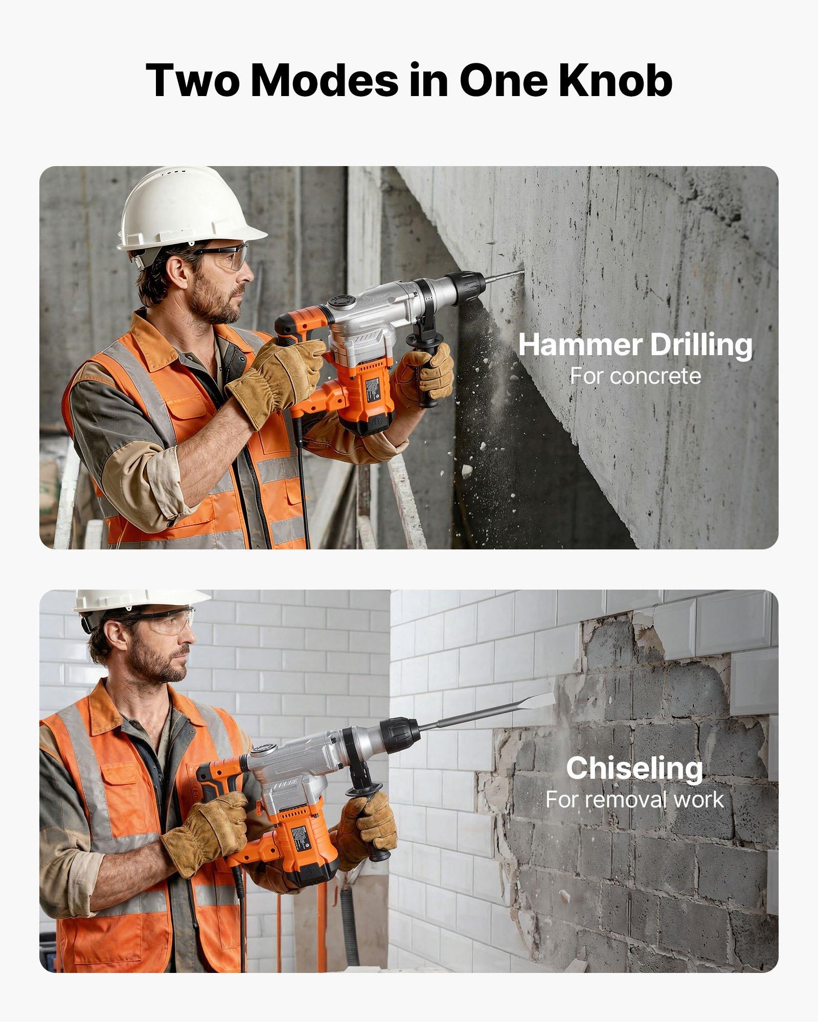 VEVOR Rotary Hammer Drill, 1-1/8 in SDS-Plus Electric Corded Heavy Duty Rotary Hammer, Including 3 Drill Bits, Flat Chisel, Pointed Chisel, Grease, Brush, and Carrying Case, for Concrete and Masonry